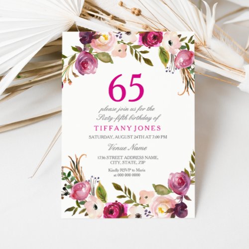 Vibrant Pink Botanical Floral 65th Birthday Invite