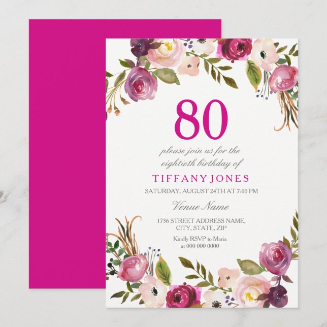 Vibrant Pink Botanical Floral 80th Birthday Invite (Front/Back)