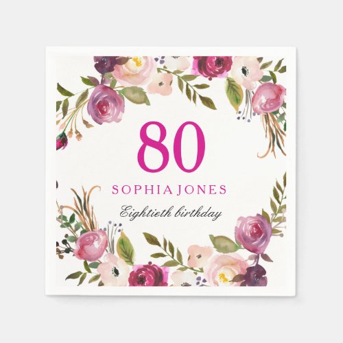 Vibrant Pink Botanical Floral 80th Birthday Party Napkins