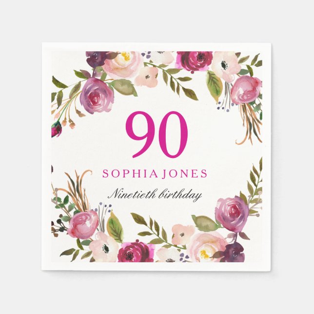 Vibrant Pink Botanical Floral 90th BirthdayParty Napkins (Front)