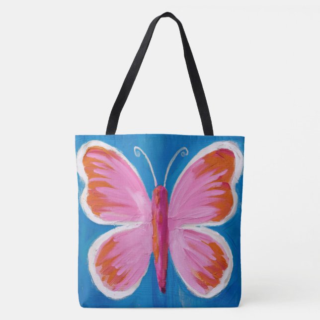 Vibrant Pink Butterfly on Blue Background Tote Bag (Front)