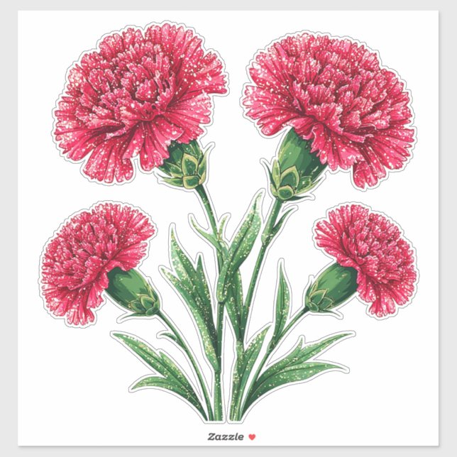 Vibrant Pink Carnations With Green Stems Sticker (Sheet)