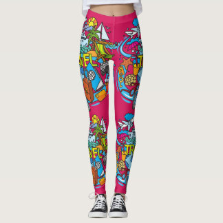 Vibrant pink cartoon art for traveller  leggings