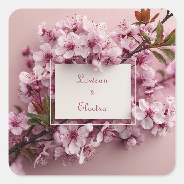 Vibrant Pink Cherry Blossom White Frame Wedding Square Sticker (Front)
