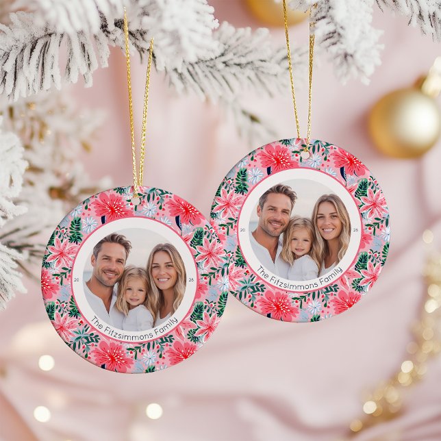 Vibrant Pink Christmas Floral 2 Sided Photo Ceramic Ornament (Pink Tropical Floral Christmas two sided photo ornament)