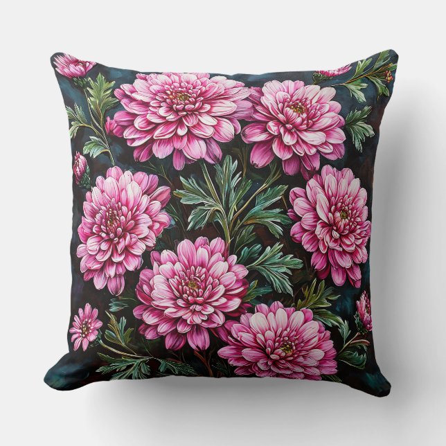 Vibrant Pink Chrysanthemums Throw Pillow (Front)