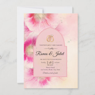 Vibrant Pink Floral Arched Gold Rings Wedding Invi Invitation
