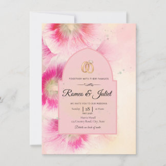 Vibrant Pink Floral Arched Gold Rings Wedding Invi Invitation