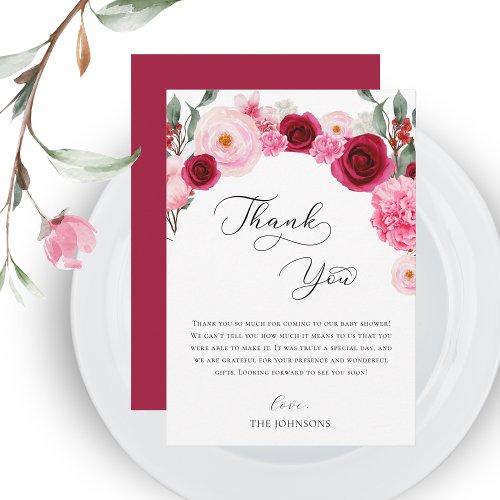Vibrant Pink Floral Baby Shower Thank You Card    