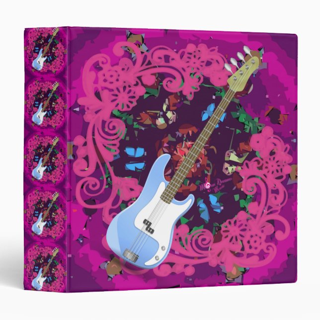 Vibrant Pink Floral Blue Bass Guitar Binder (Front/Spine)
