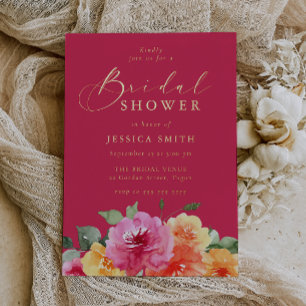 Vibrant Pink Floral Bridal Shower Gold Foil Invitation