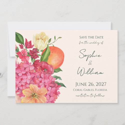 Vibrant Pink Floral Citrus Wedding Save The Date