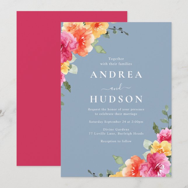 Vibrant Pink Floral Dusty Blue Wedding Invitation (Front/Back)