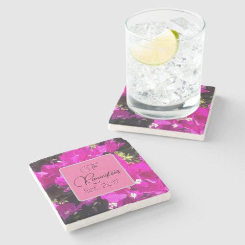 Vibrant Pink Floral Family Name Stone Coaster