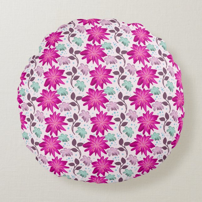 Vibrant Pink Floral Pattern | Bold Modern Flowers  Round Pillow (Front)