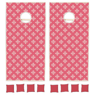 Vibrant Pink Floral Pattern with Geometric Flowers Cornhole Set