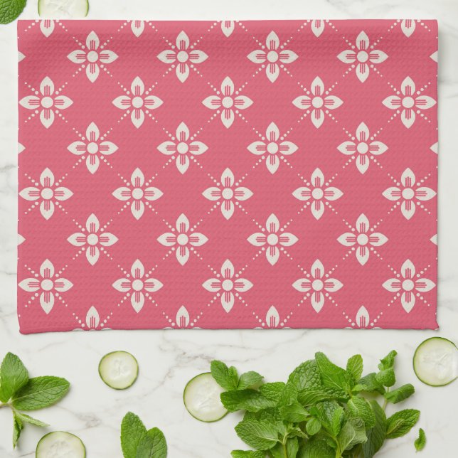 Vibrant Pink Floral Pattern with Geometric Flowers Kitchen Towel (Folded)