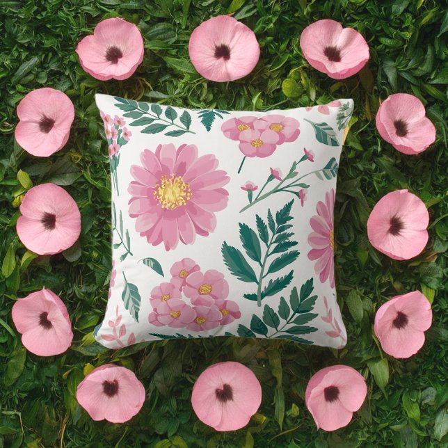 Vibrant Pink Floral Pattern with Lush Greenery Throw Pillow (Creator Uploaded)