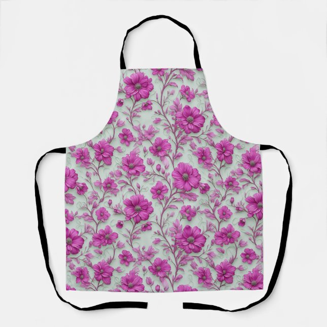 Vibrant Pink Floral Pattern With Magenta Flowers Apron (Front)