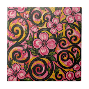 Vibrant Pink Floral Swirl Art Ceramic Tile