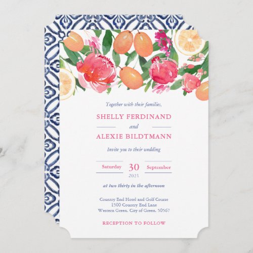 Vibrant Pink Florals Citrus Dark Blue Tile Wedding Invitation