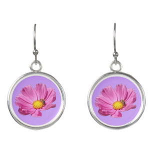 Vibrant Pink Flower With A Bee On A Summer Day Cut Earrings