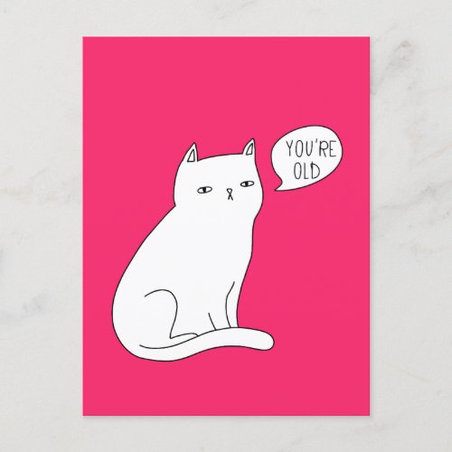Vibrant pink funny cat youre old Birthday Postcard