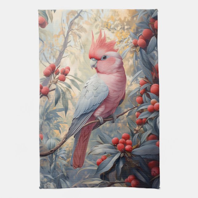 Vibrant Pink Galah Cockatoo Kitchen Towel (Vertical)