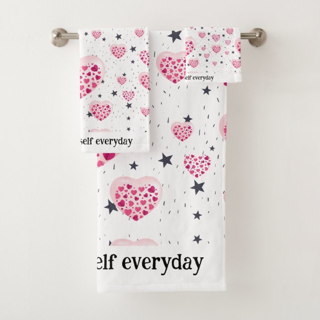 Vibrant Pink Glitter Hearts Design Bath Towel Set (Insitu)
