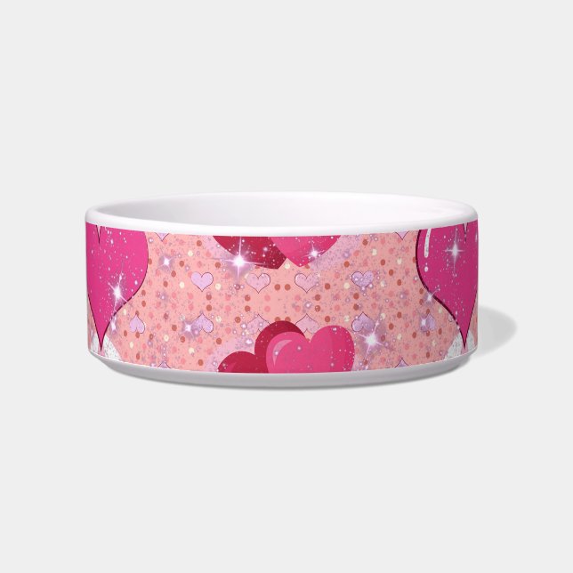 Vibrant Pink Glitter Hearts Design Bowl (Front)