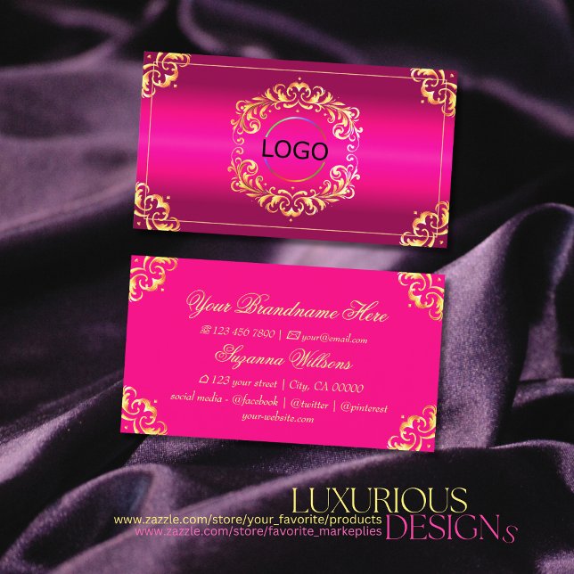 Vibrant Pink Gold Ornate with Logo Sumptuous Business Card (Creator Uploaded)
