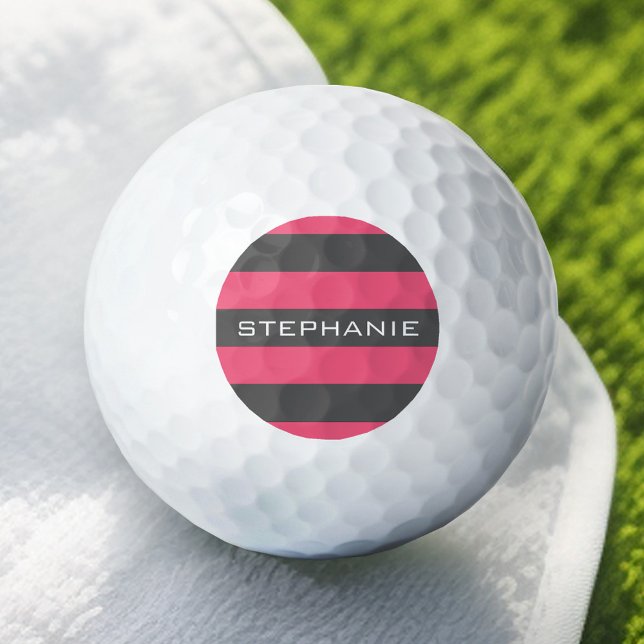 Vibrant Pink & Gray Rugby Stripes with Custom Name Golf Balls (Personalized Golf Ball - Add Your Name)