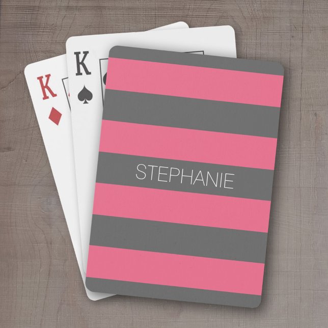 Vibrant Pink & Gray Rugby Stripes with Custom Name Poker Cards (Personalized playing cards - sporty, preppy stripe pattern with name. )