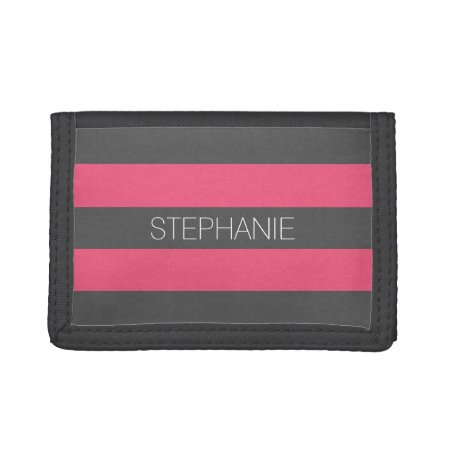 Vibrant Pink & Gray Rugby Stripes With Custom Name Trifold Wallet