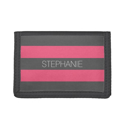 Vibrant Pink  Gray Rugby Stripes with Custom Name Trifold Wallet