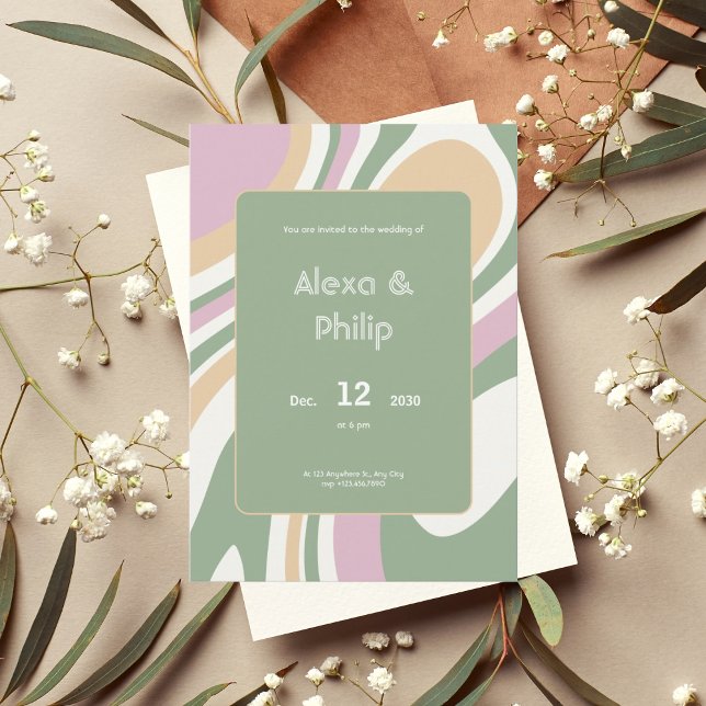 Vibrant pink, green and cream lines Wedding Invitation (1)