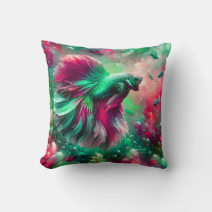 “Vibrant Pink & Green Betta Fish Art” Throw Pillow