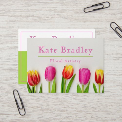 Vibrant Pink  Green Tulip Flowers Business Card