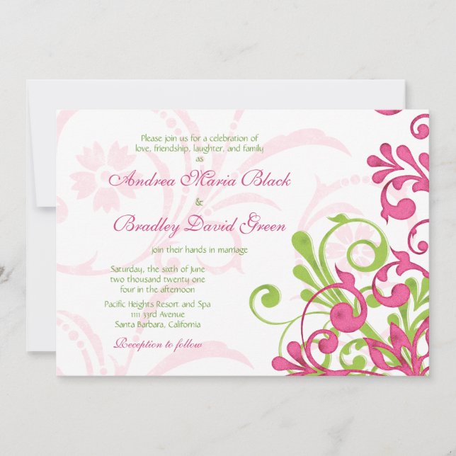 Vibrant Pink Green White Floral Wedding Invitation (Front)