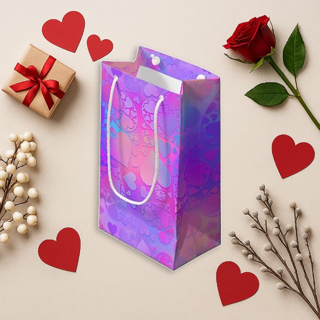 Vibrant Pink Holographic Heart Pattern Design Small Gift Bag (Creator Uploaded)