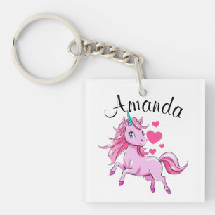 Vibrant Pink Jumping Unicorn Girl Name Keychain
