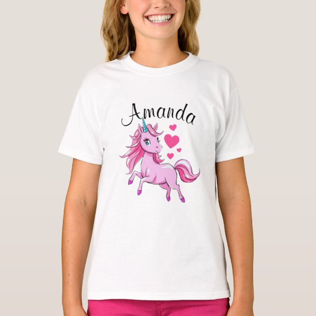 Vibrant Pink Jumping Unicorn Girl Name T-Shirt (Front)