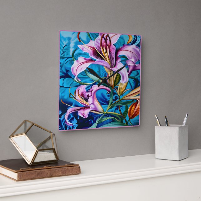 Vibrant Pink Lilies Against a Blue Background Square Wall Clock (Office)