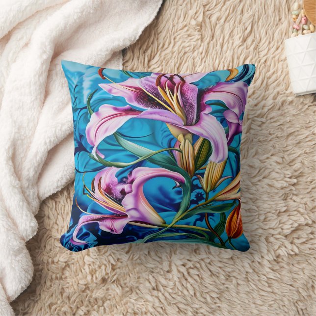 Vibrant Pink Lilies Against a Blue Background Throw Pillow (Blanket)