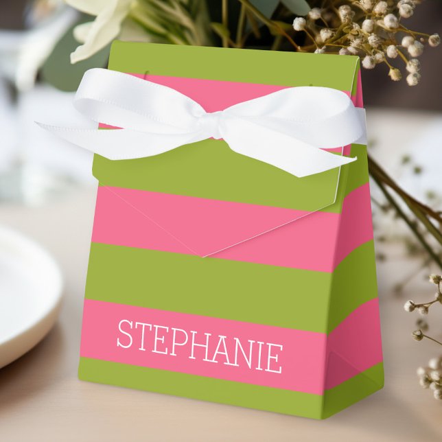 Vibrant Pink & Lime Rugby Stripes with Custom Name Favor Boxes (Personalized gift box for party favors)