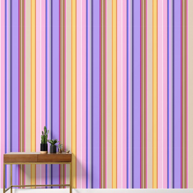 Vibrant pink mauve lemon retro stripes wallpaper  (Hallway)