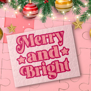 Vibrant Pink Merry and Bright Christmas Jigsaw Puzzle