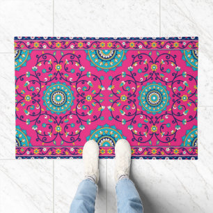 Vibrant Pink Moroccan Boho Floral Tapestry Doormat