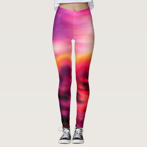 Vibrant Pink Ocean Sunrise Modern Abstract Leggings