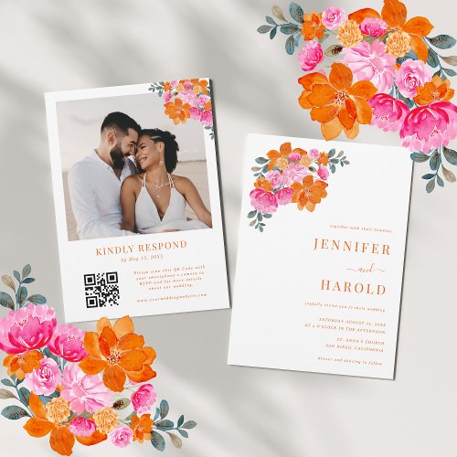 Vibrant Pink  Orange Floral Garden Photo Wedding Invitation